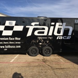 Trailer wrap - black trailer with white color logos Faith race