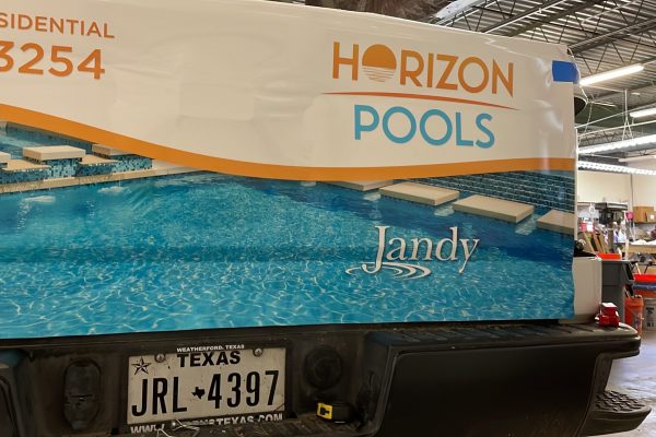 tailgate vinyl wrap logo design printed on premium vinyl. Horizon Pools