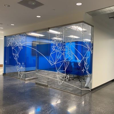 Creative Artwork glass wrap. Glass conference room vinyl design