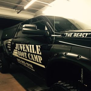 Black pick up truck white reflective vinyl logo